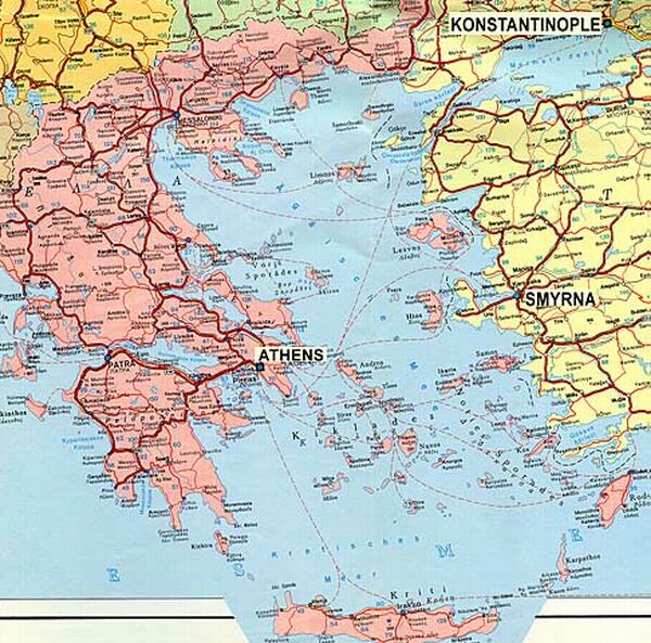 The Aegean Sea, showing Athens, Constantinople and Smyrna.