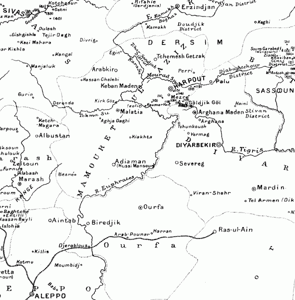 1916: Marash, Sivas, Aleppo, Malatia, Ourfa, Harpout, Erzindjan, Diyarbekir and Mardin.