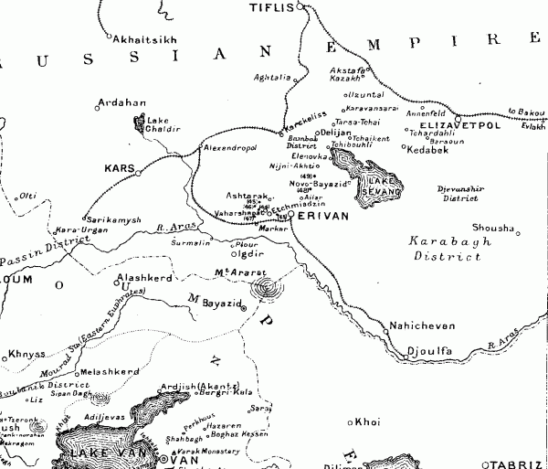 1916: Alashkerd, Kars, Van, Alexandropol, Mt. Ararat, Erivan, Tiflis, Djoulfa, Elizavetpol and Tabriz.
