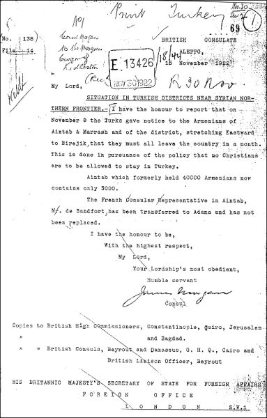Message from the British consulate in Allepo about the Armenians and other Christians. 15.Nov.1922.