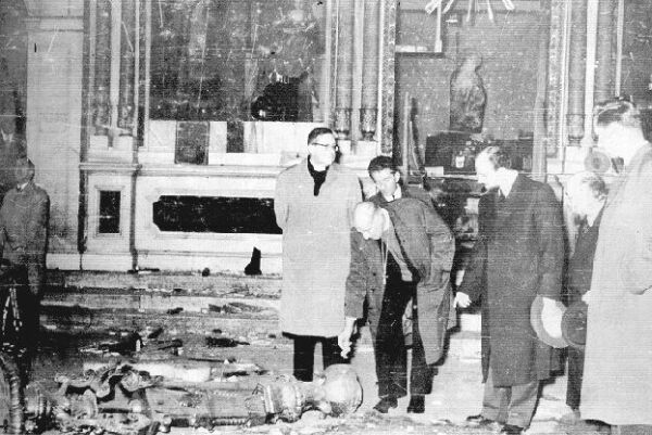 Inspection of the interior of a destroyed church.
