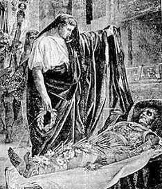 Engraving of Julius Caesar paying homage to the body of Alexander