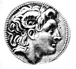 Silver coin of Alexander wearing the horn of Ammon. Issued by his successor Lysimachus in 280BC and probably based on the idealised portraits in his lifetime by court gem-artist, Protogenes