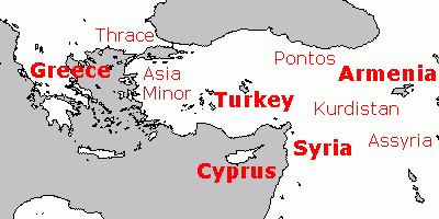 Greece, Thrace, Asia Minor, Cyprus, Turkey, Pontos, Syria, Kurdistan, Armenia and Assyria.